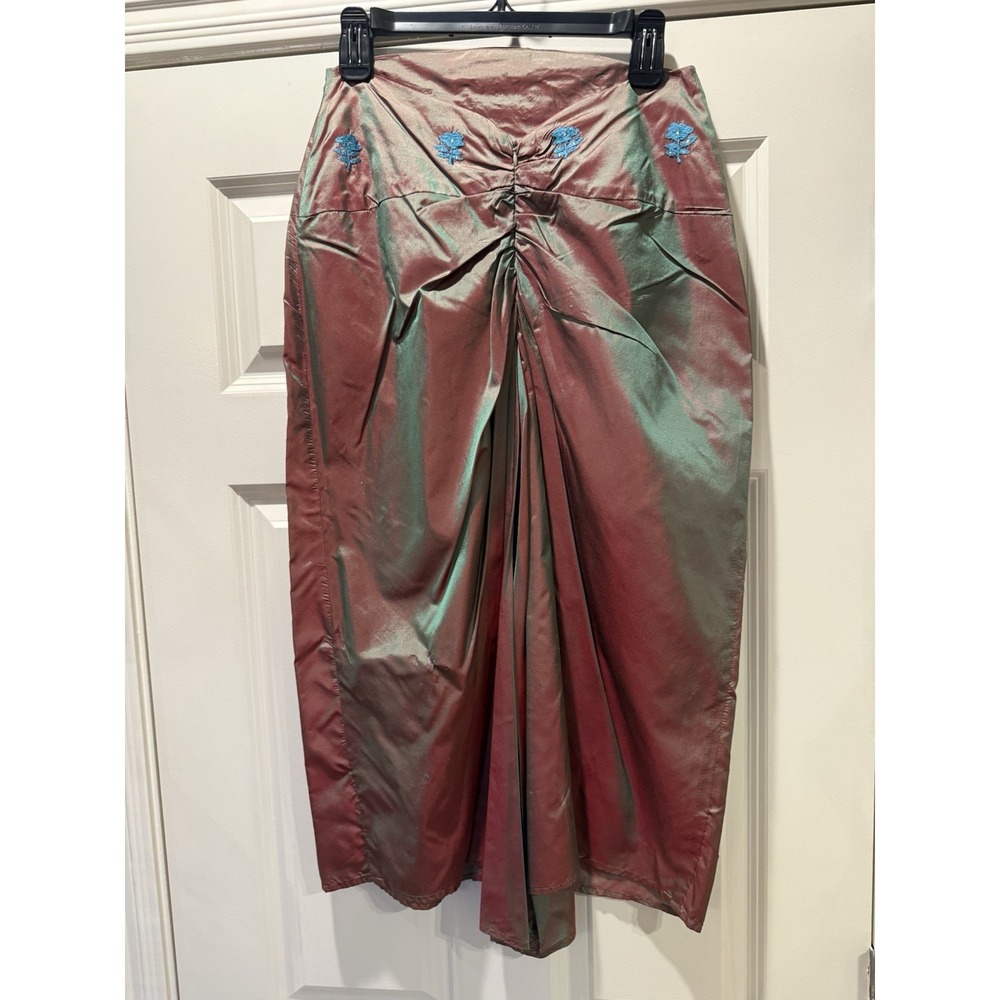 Vtg 90s Y2K Free People Silk Floral Embroidered Iridescent Midi Bussell Skirt - Picture 9 of 11